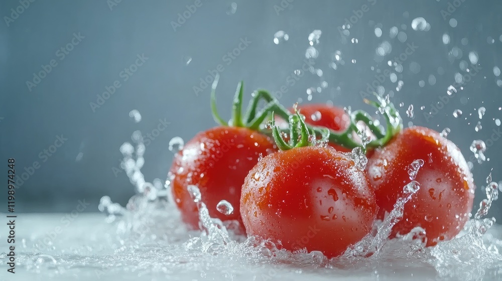 Poster fresh red tomatoes splashing in water under bright studio lighting with gray background and ample co