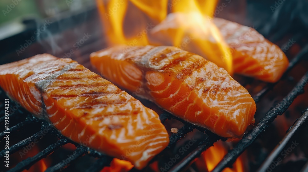 Poster grilled salmon steak on iron grill with flames and smoke in outdoor cooking setup with empty space f