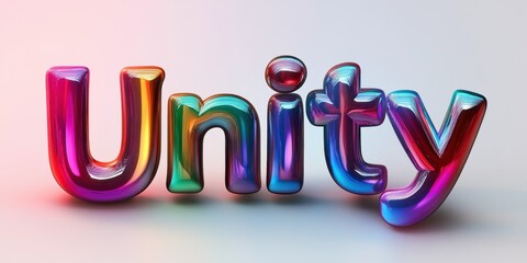 Bold typography spelling "Unity" with each letter filled in with a vibrant rainbow gradient, surrounded by soft abstract lines for emphasis