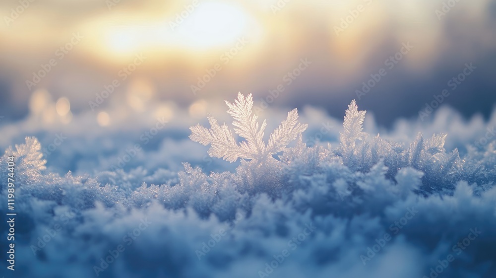 Poster delicate frozen snowflakes in soft blue and white tones with a blurred golden horizon and ample blan