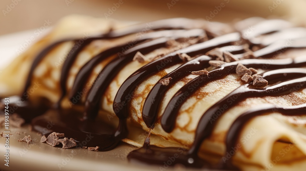 Poster close up of a rich chocolate covered crepe with a smooth texture drizzled with chocolate sauce on a 