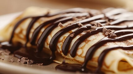 Close up of a rich chocolate covered crepe with a smooth texture drizzled with chocolate sauce on a creamy plate with warm tones and empty text space