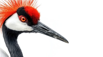 Elegant close-up of a Common Crane bird featuring vibrant red crest and striking orange eye against white background with ample negative space for text. © Rizvan