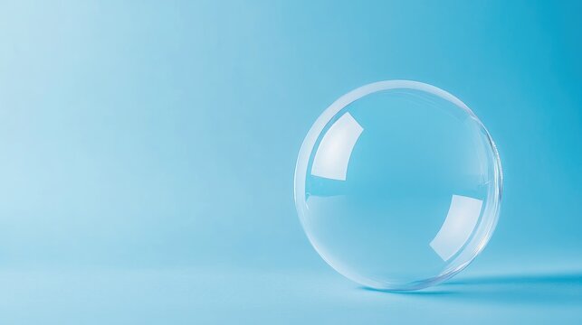 Clear Glass Sphere on Soft Blue Background with Ample Empty Space for Text and Design Elements. Ideal for Conceptual and Minimalist Uses.