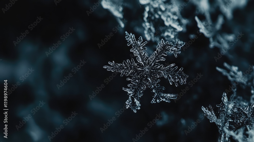 Aufkleber Macro Photography of Detailed Snowflake on Dark Background with Soft Focus and Empty Copy Space for Text Elements