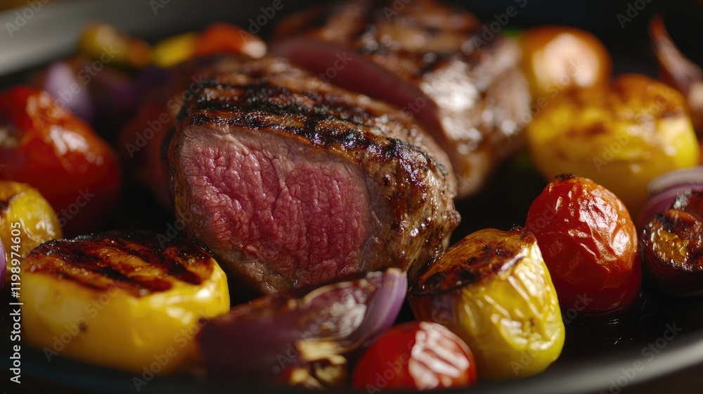 Poster Close-up view of grilled meat with colorful vegetables on a dark plate, highlighting textures and juiciness, with space for text overlay.