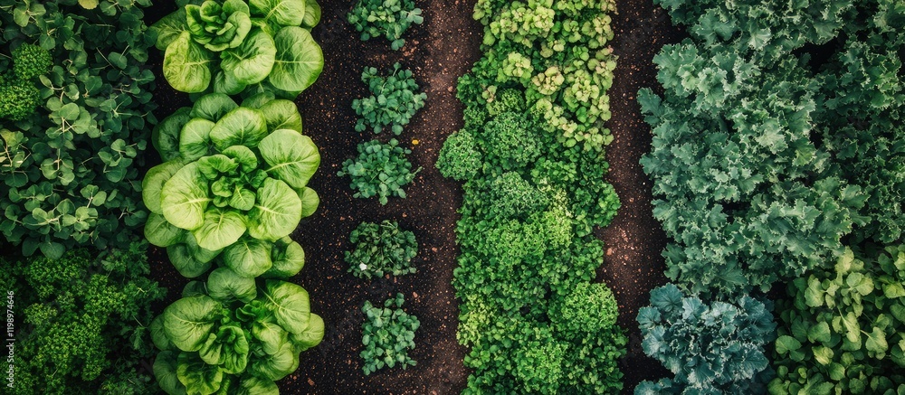 Poster aerial view of a lush green garden with neatly arranged vegetables and empty space for text, surroun