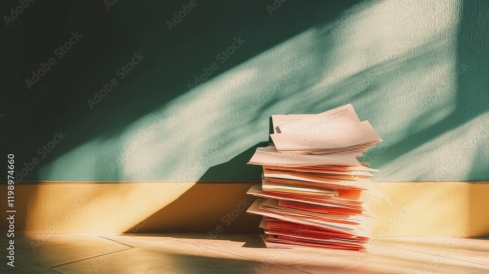 Poster Close Up of Stack of Letters and Documents on Pale Blue Wall Background with Soft Shadows and Empty Copy Space for Text in Minimalist Setting