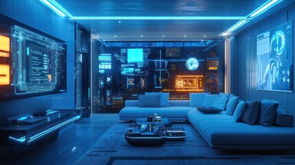 Fototapeta premium Futuristic Smart Home Living Room technologically advanced interior design showcasing a sleek, modern living space with interactive displays and ambient lighting.