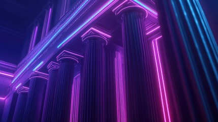 Digital bank building interior with glowing purple and blue neon lines on elegant pillars, representing modern finance and technology, empty space for text.