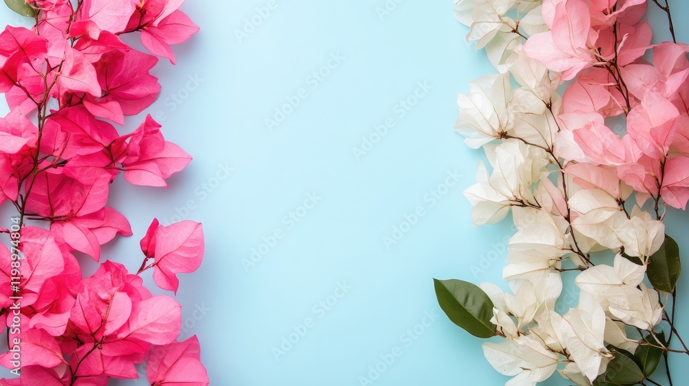 Poster vibrant close-up of pink and white bougainvillea flowers framed against a soft blue background with 