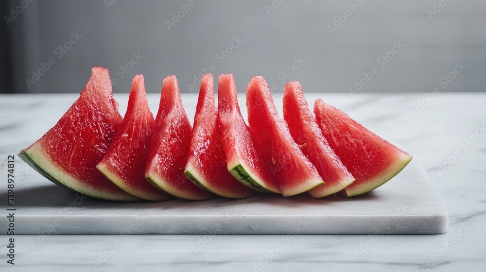 Poster fresh juicy red watermelon slices arranged on a marbled surface with soft natural light and ample em