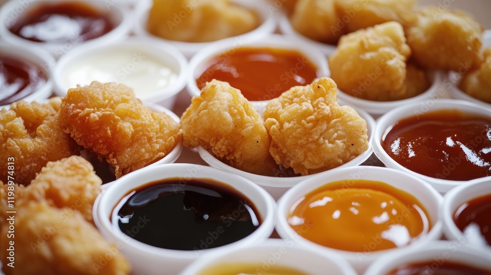 Poster golden crispy fried chicken nuggets arranged with a variety of vibrant spicy dipping sauces in white