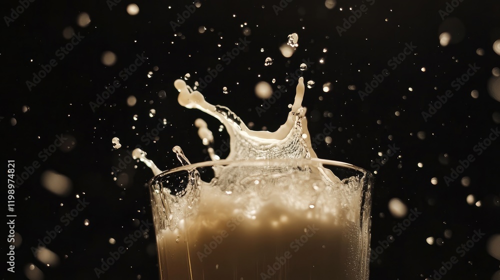 Aufkleber Dynamic close-up of a milk glass splashing against a black background with high contrast and empty space for text, ideal for promotional use.