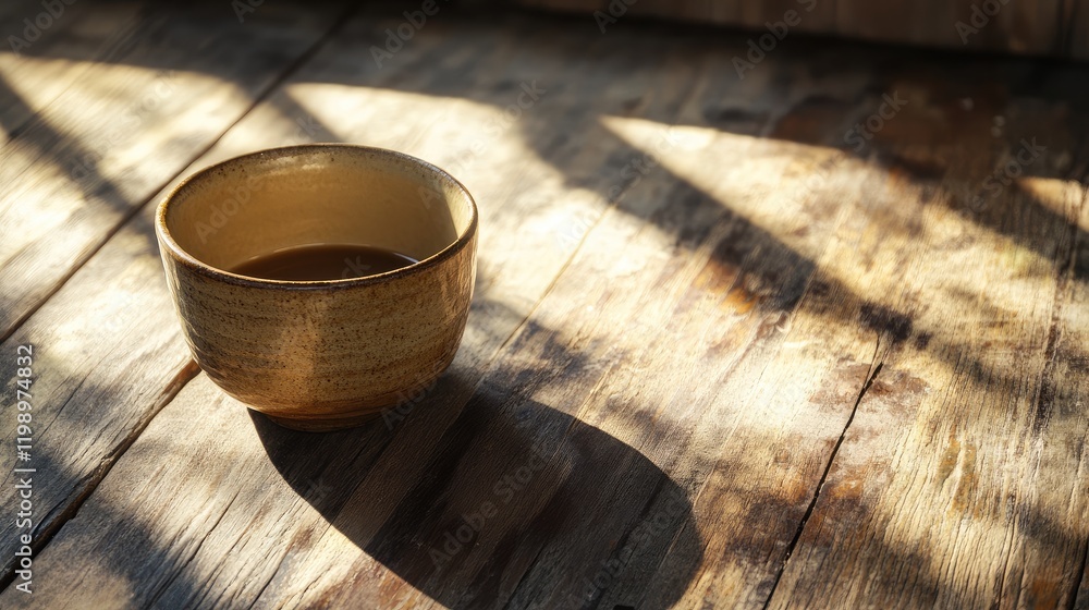 Poster warm sunlight casting shadows on a rustic wooden table featuring a close-up of a textured coffee cup