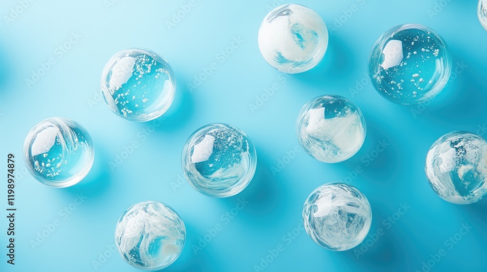 Poster close up of transparent glass globes on light blue background with soft shadows and ample empty spac