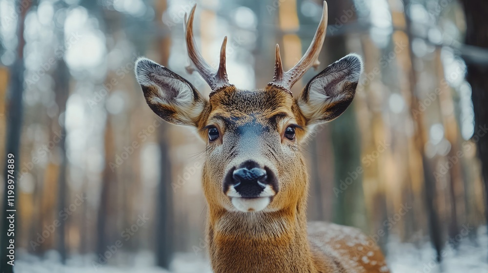 Poster Close-up portrait of a roe deer in a soft-focus forest setting with warm earthy tones and empty space for text to enhance natural habitat themes