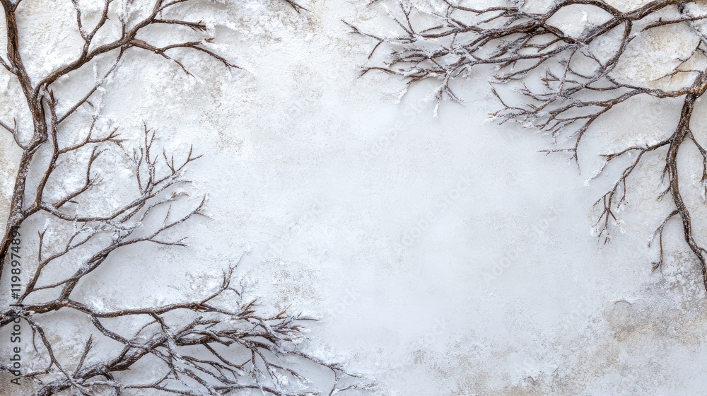 Poster frozen tree branches framing blank space for text in soft white winter landscape with icy details an
