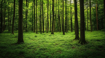 Fototapeta premium Lush green forest scene with tall trees and vibrant undergrowth captured from a low angle, ideal for eco-friendly projects and nature themes.