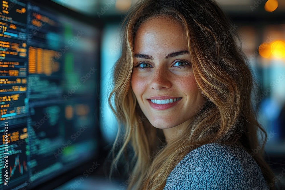 Poster a woman smiling in front of a computer screen with a professional setup