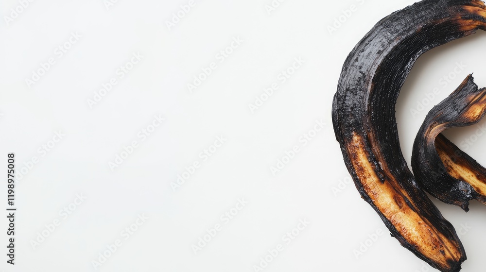 Poster charred black banana peel on a clean white background showcasing texture and color with ample empty 