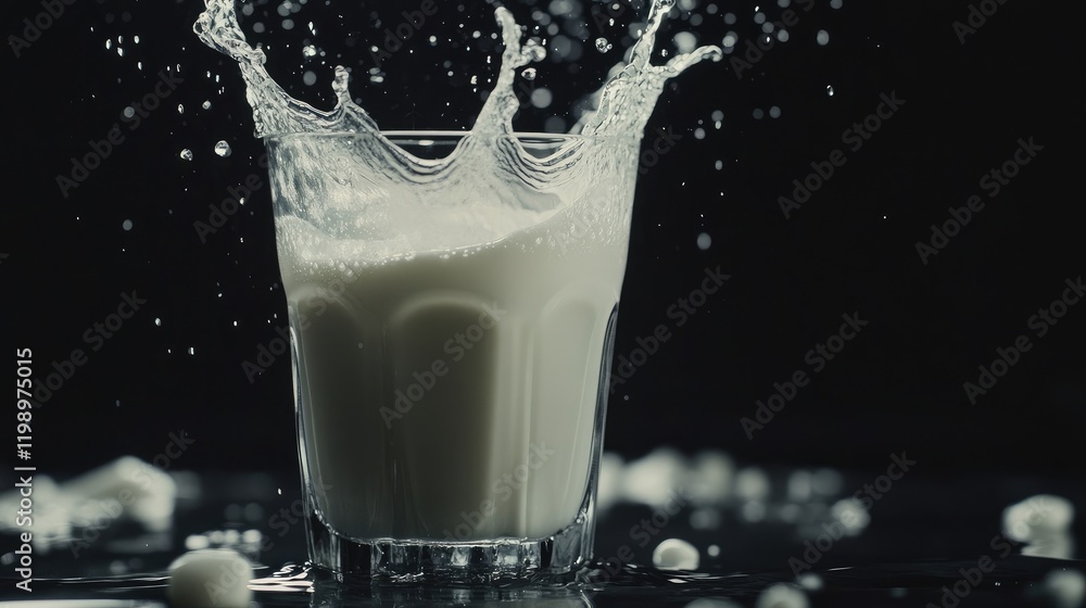 Poster dynamic close-up of fresh white milk splashing from a glass against a dramatic black background with