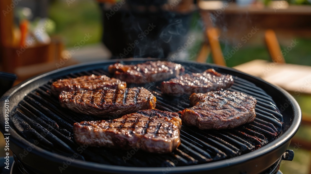 Poster Grilled Ribeye Steaks on Charcoal Barbecue with Smoky Background and Empty Space for Custom Text in Outdoor Setting
