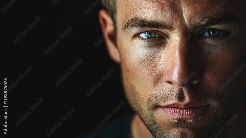 Poster Close up portrait of a striking man with blue eyes in dramatic shadows on a dark background featuring ample empty copy space for text.