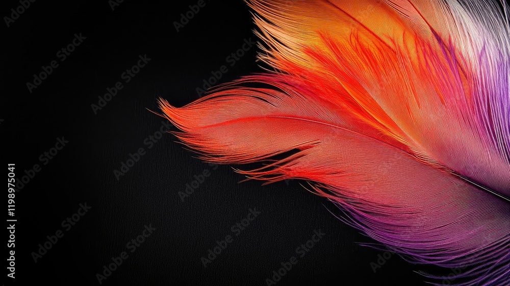 Poster vibrant close-up of intricate curly feather in red, orange, purple, and white against a deep black b