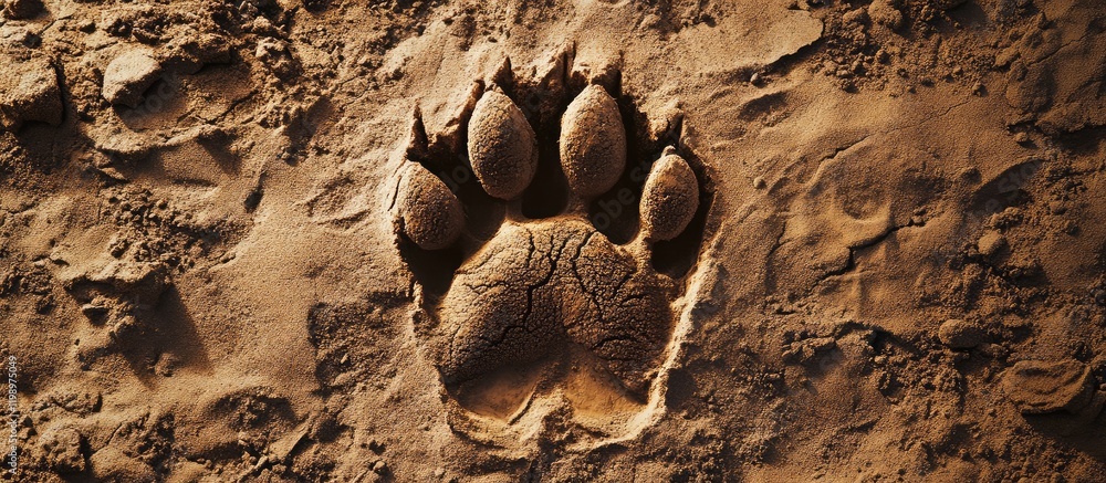 Poster close-up of a lion paw print in golden sandy terrain showcasing rich textures and ample empty space 