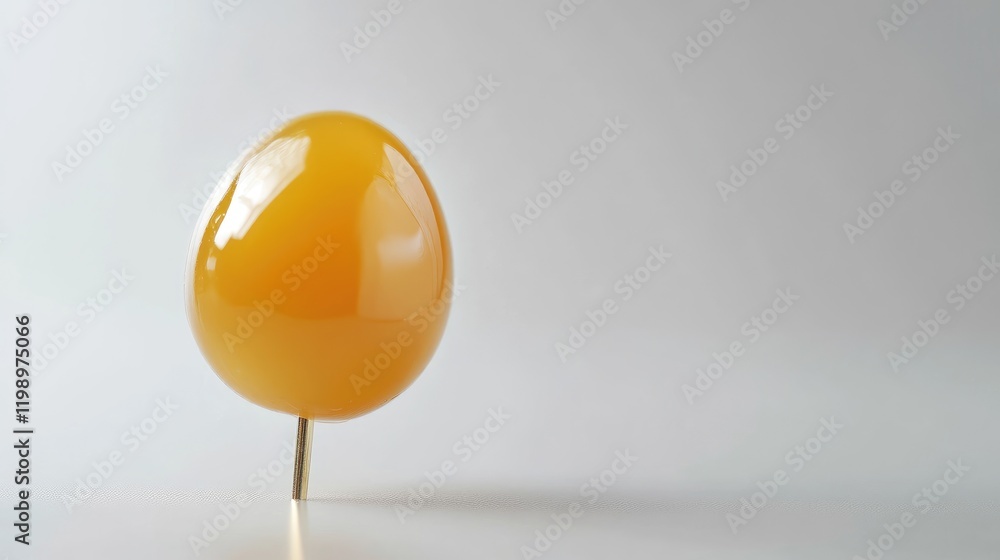 Poster close up of vibrant golden egg yolk on plastic pin isolated against soft white background with ample