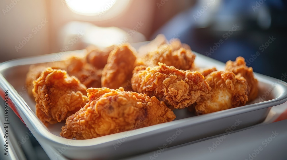 Poster crispy golden fried chicken on a silver airplane tray with soft sunlight highlighting a blurred back
