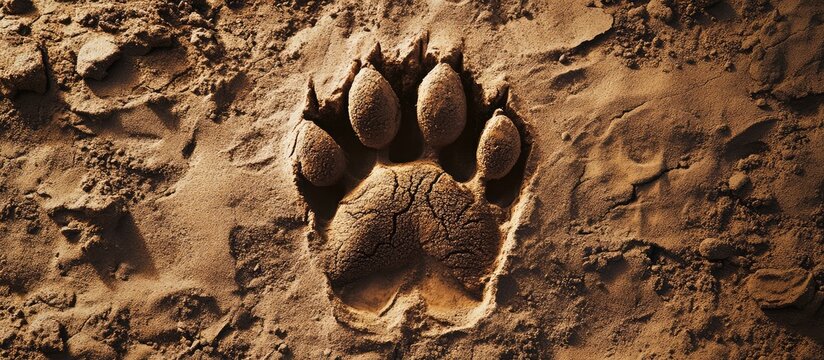 Close-up of a lion paw print in golden sandy terrain showcasing rich textures and ample empty space for creative text overlay ideas
