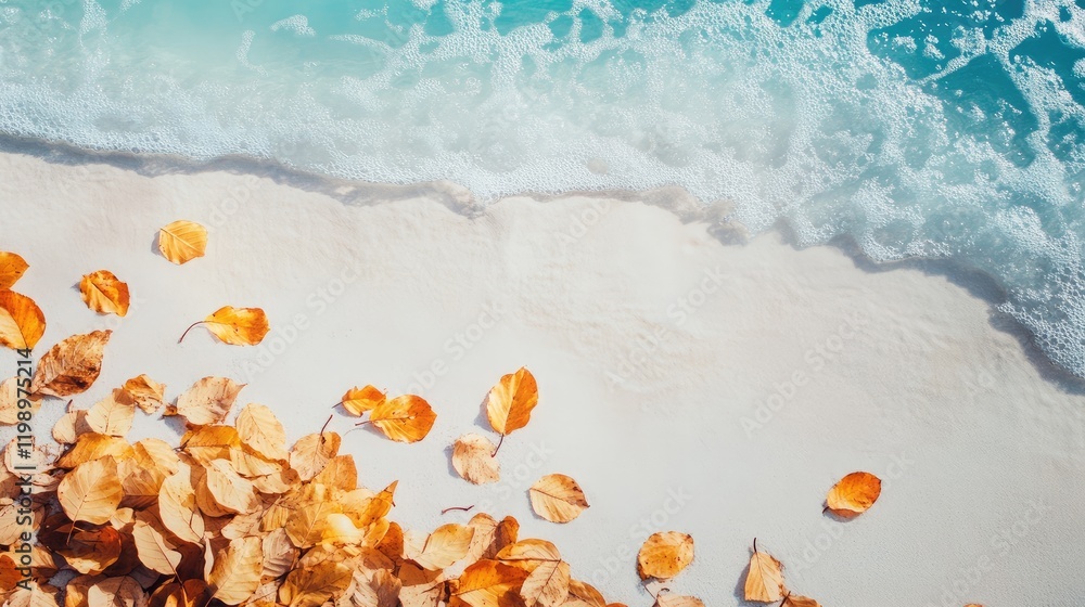 Poster golden autumn leaves on sandy beach with turquoise waves and clear sky perfect for text space in a s