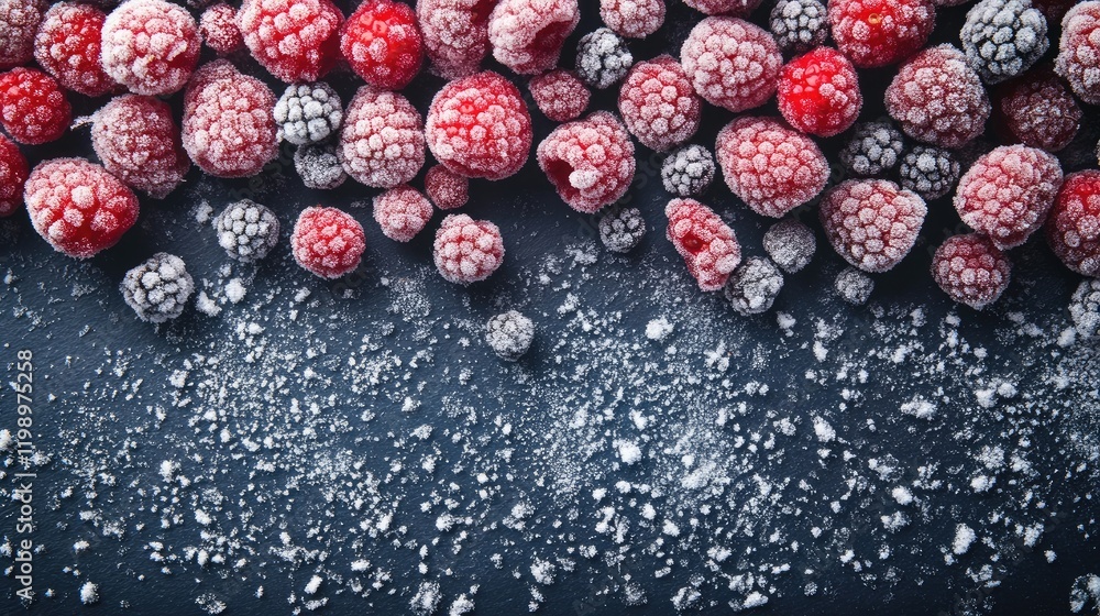 Poster close up of frozen red and black wild berries covered in fresh snow on a dark textured surface with 