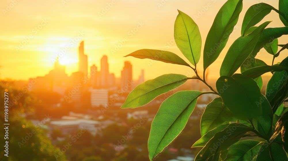 Poster close up of vibrant green leaves with bright orange skyline at sunset background in urban setting an