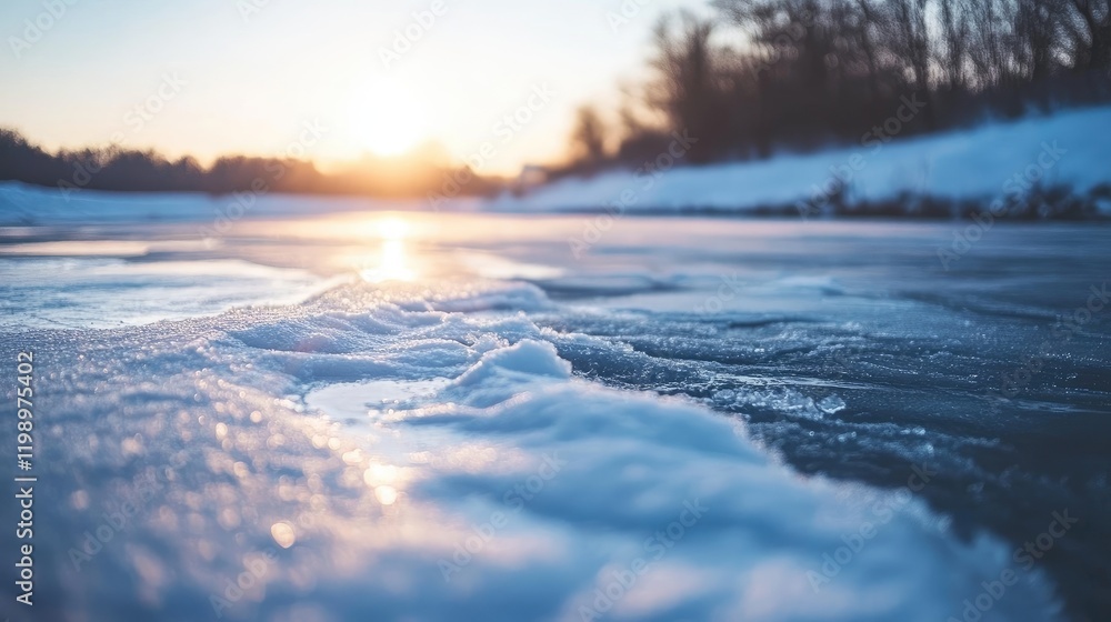 Poster close up of a frosty river at sunrise with shimmering ice textures and soft shadows in a serene wint