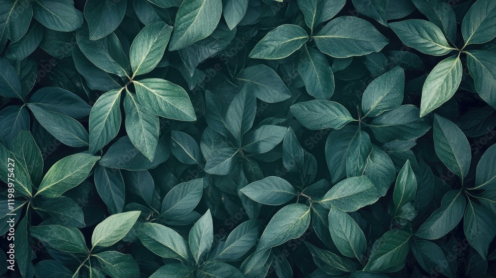 Aufkleber Close up of lush green leaf texture background with dark foliage creating natural empty copy space for text in a vintage style composition