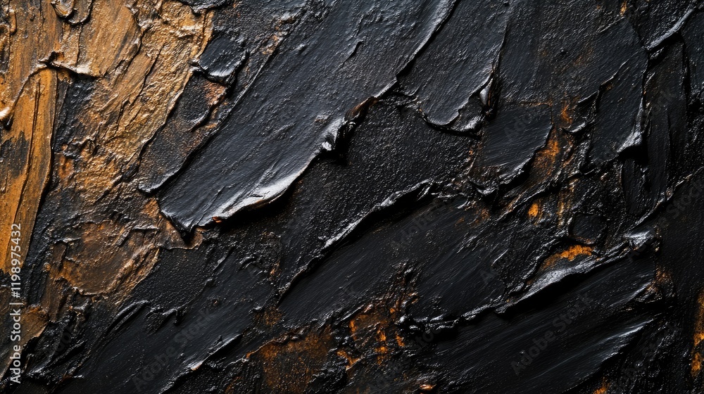 Aufkleber Close up of textured black and gold oil smudges on a dark canvas with empty white copy space for creative text placement and design elements