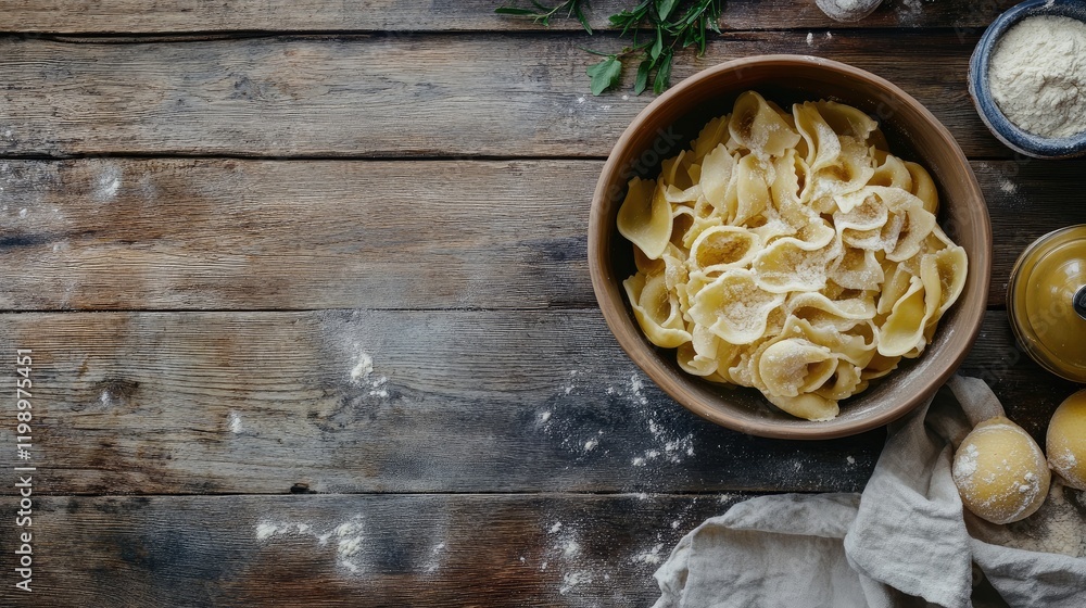 Aufkleber freshly cooked pasta in a wooden bowl on rustic table with herbs and empty copy space for text in na