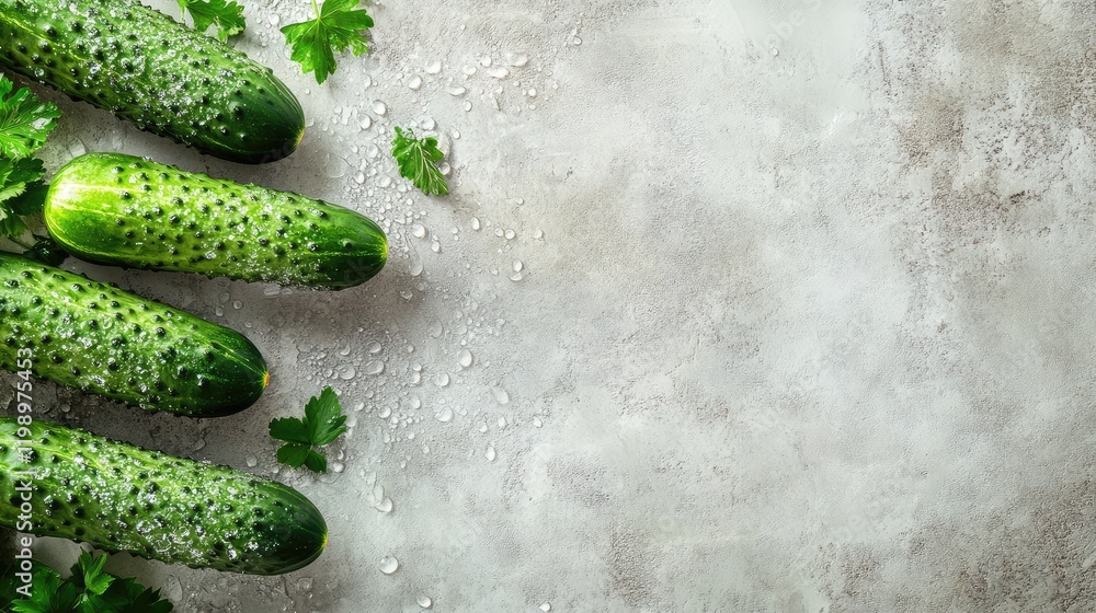 Aufkleber Close-up view of fresh green cucumbers with water droplets on a textured light gray background with empty space for text and herbs