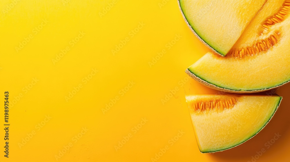 Poster freshly sliced cantaloupe segments in vibrant yellow background with generous empty space for creati