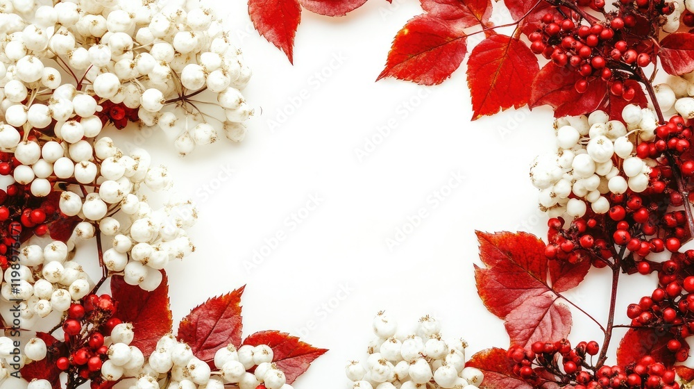 Poster guelder rose shrub close-up featuring clusters of white berries and vibrant red autumn leaves on a w