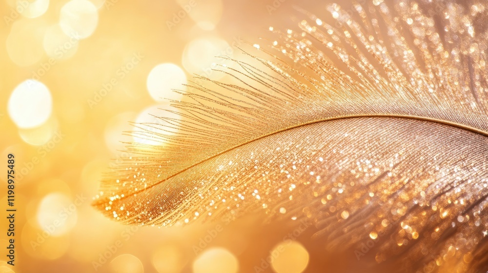 Poster Close up of shimmering golden feather with glitter and sparkles against a soft warm background, ideal for elegant text placement and design.