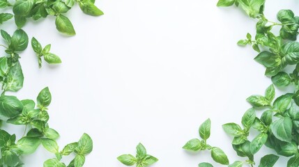 Green basil leaves arranged on a white backdrop with negative space for text.