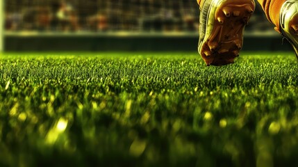 Close up of vibrant green grass field with soccer player's cleats in motion scoring a goal with empty space for text in background
