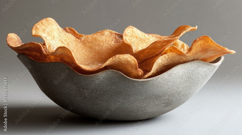 Poster fried golden potato chips in a textured gray bowl against a smooth gray background with selective fo