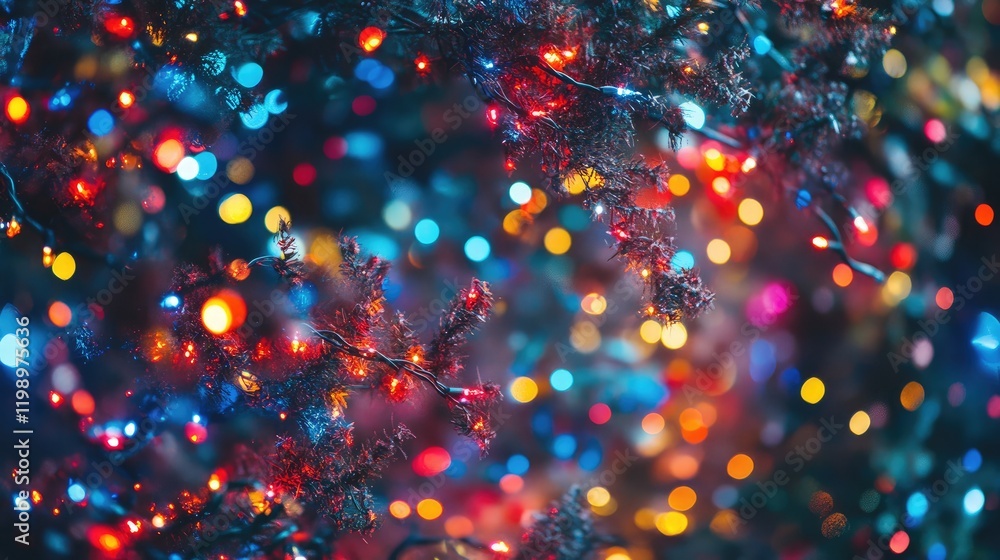 Poster close up of a vibrant christmas tree with colorful fairy lights in a cozy setting featuring bokeh ef