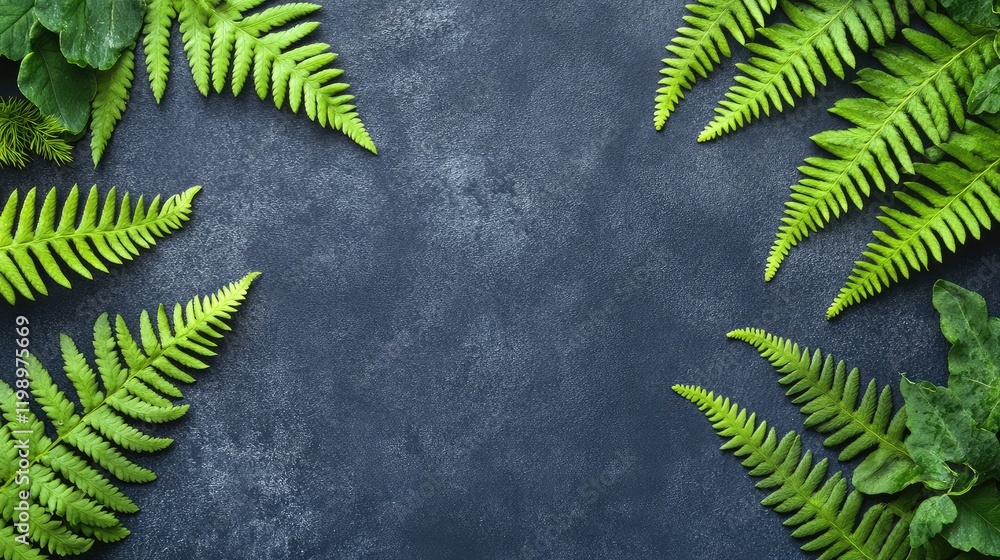 Poster Close up of vibrant green fern leaves arranged symmetrically on a dark textured background with ample empty space for text insertion