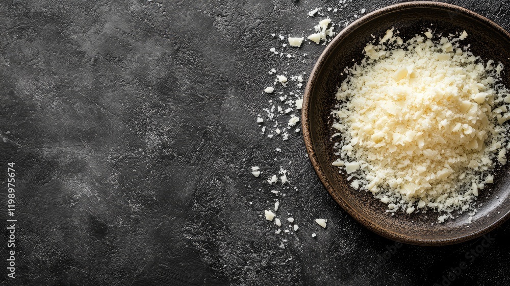 Aufkleber Close up of grated Parmesan cheese on a dark textured plate with scattered cheese bits and ample empty space for text on a black background